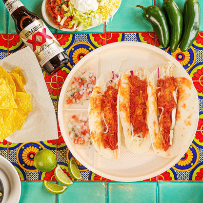 Large Disposable Taco Plates With Dipping Sides - 20 Pack, Biodegradable Cornstarch Taco Holder, Big Size Fit 6-8 Inch Soft & Hard Tortilla, Sturdy & Microwave Safe, Bar Serving Set For A Party