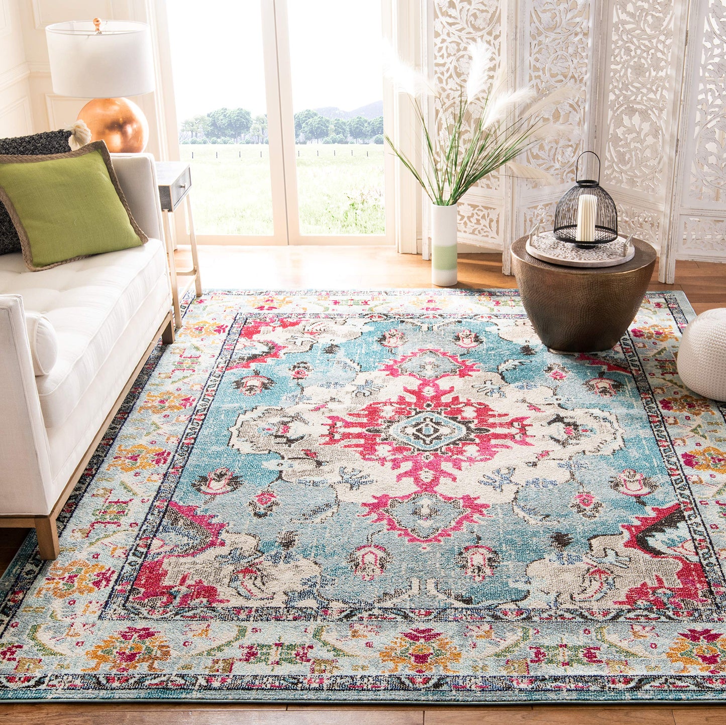 SAFAVIEH Monaco Collection Area Rug - 9' x 12', Light Blue & Fuchsia, Non-Shedding & Easy to Clean, Distressed Medallion Design, Ideal for Living Room, Bedroom, Dining Space (MNC243J)