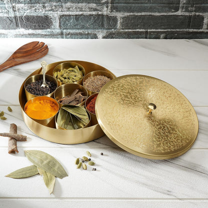 7 1 Ajuny Handcrafted Brass Spice Box Golden with Embossed Lid - Decorative Round Masala Canister Removable Spice