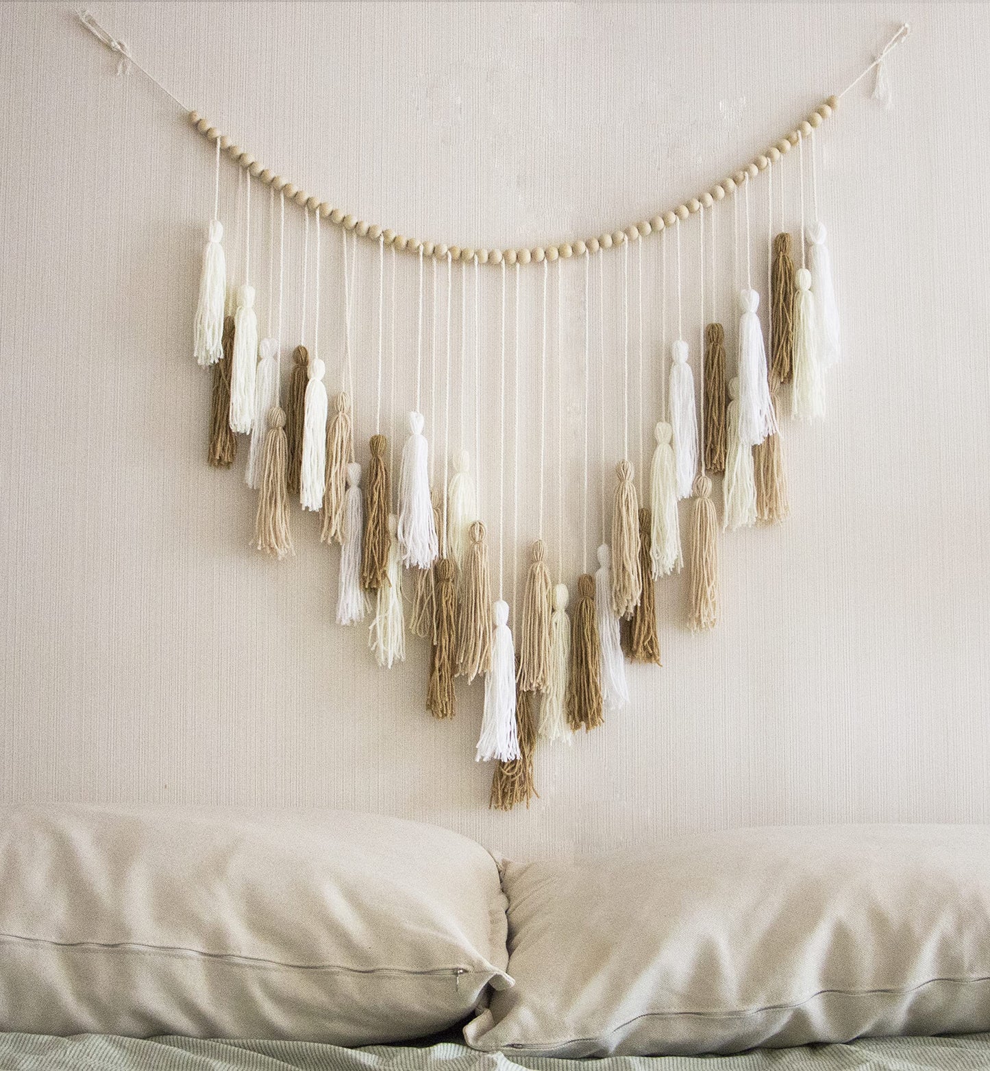Decocove Large Macrame Wall Hanging with Wood Beads - Bohemian Wall Decor for Bedroom, Living Room and Kitchen - Cream and Beige - 35'' x 36''