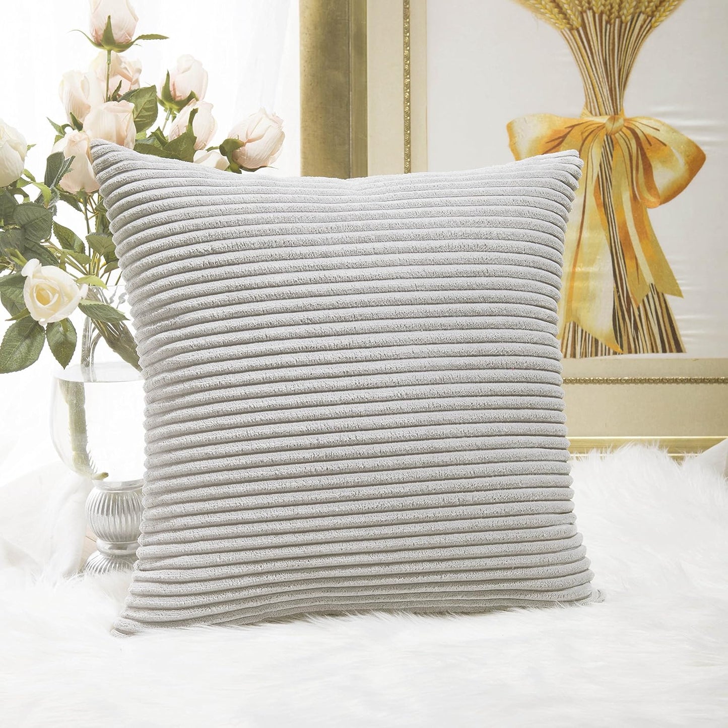 18"x18"(45cm) Home Brilliant Striped Velvet Cushion Cover for Chair Supersoft Handmade Decorative Pillowcase, Light