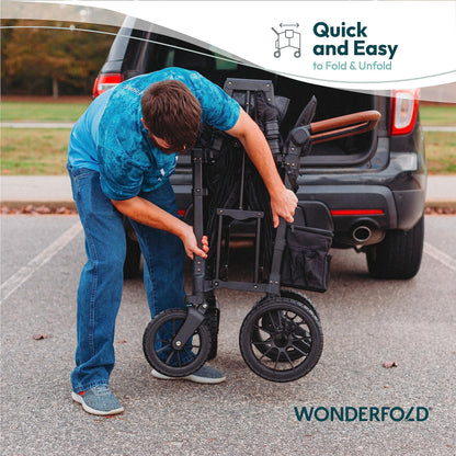 WonderFold W2 Luxe Stroller Wagon - Collapsible Stroller Wagon with Steel Frame - Adjustable Canopy & Push Handle - XL All-Terrain Wheels - for Babies, Toddlers & Kids - 2 Seater - Gray