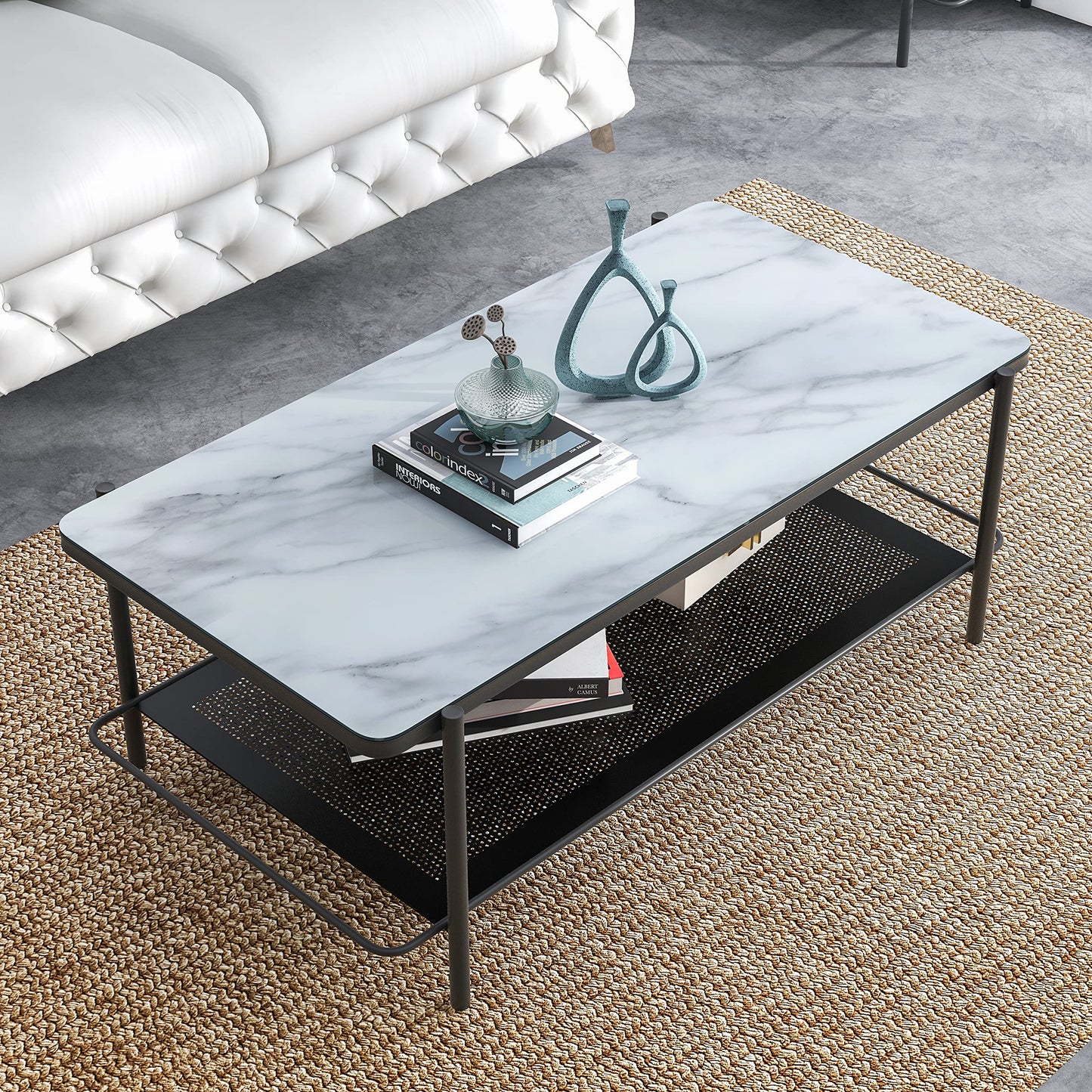 Furniture of America Basil Industrial 1-Shelf, Faux Marble Top Steel 48 in. Rectangle Coffee Table for Living, Bedroom, Reception Room, Black and White