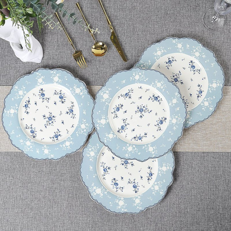 fanquare 10 Inch Porcelain Dinner Plates Set of 4, Lace Dishes Set for Salad, Pasta, Soup, Dessert, Blue Roses