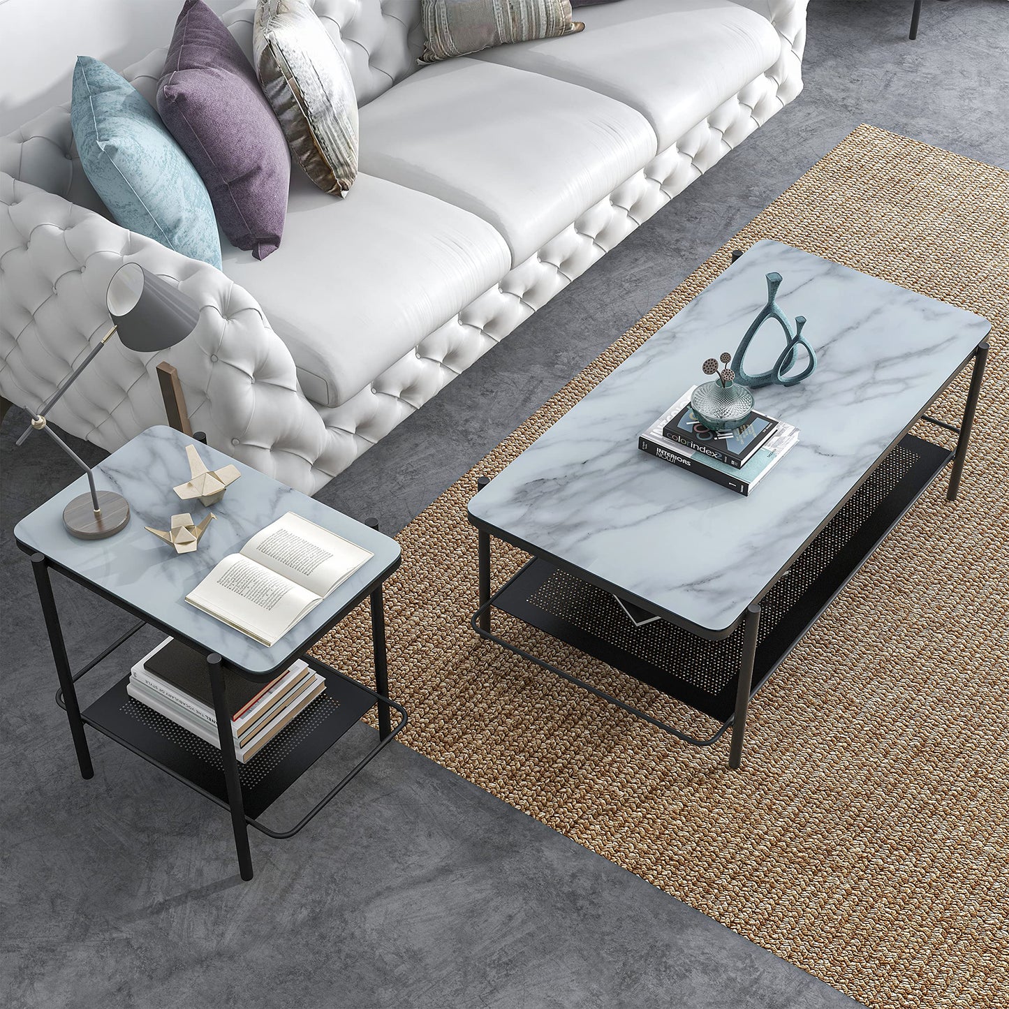 Furniture of America Basil Industrial Faux Marble Top Steel 2-Piece Coffee and End Tables Set with Open Shelves, Black and White