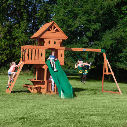 Backyard Discovery Woodland Cedar Wood Swing Set with Wave Slide, Clubhouse, Rock Wall, Snack Bar Station, Benches, Belt Swings, Trapeze, Half Door, Balcony, Step Ladder, Outdoor Playset