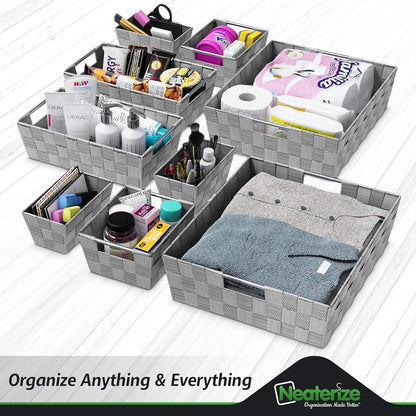 NEATERIZE Closet Organization and Storage Baskets, Set of 9 for Bathroom, Laundry, Baby Nursery, Dark Grey