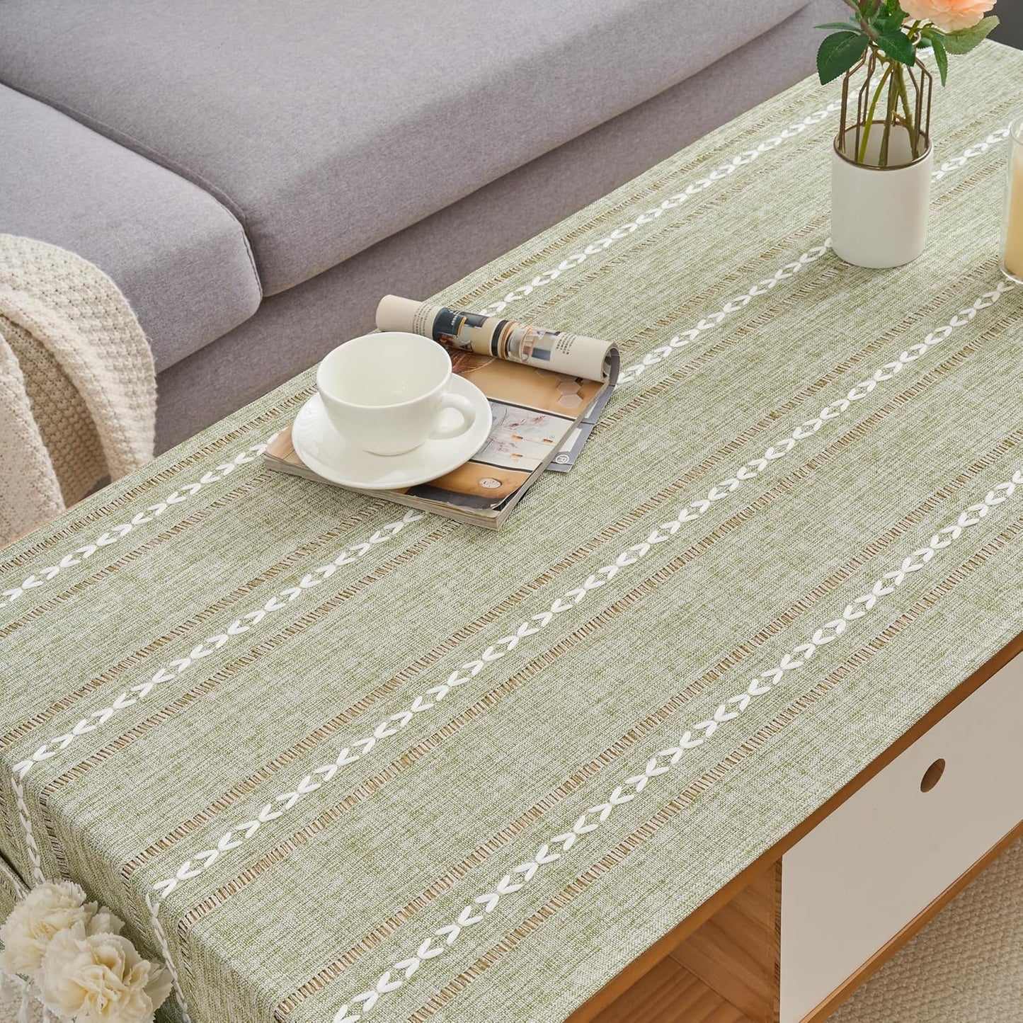 2471 Inches Rectangular Coffee Table Covers for Living Room Striped Embroidered Tablecloth Linen Coffee Table Cloth