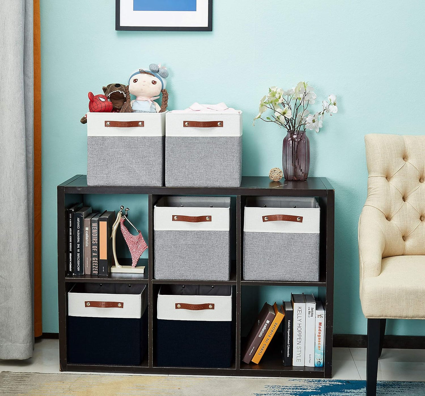 DECOMOMO Cubby Storage Bins, Fabric Storage Cubes for Kallax Shelves with Handles (Black and White, Kallax - 15"L X