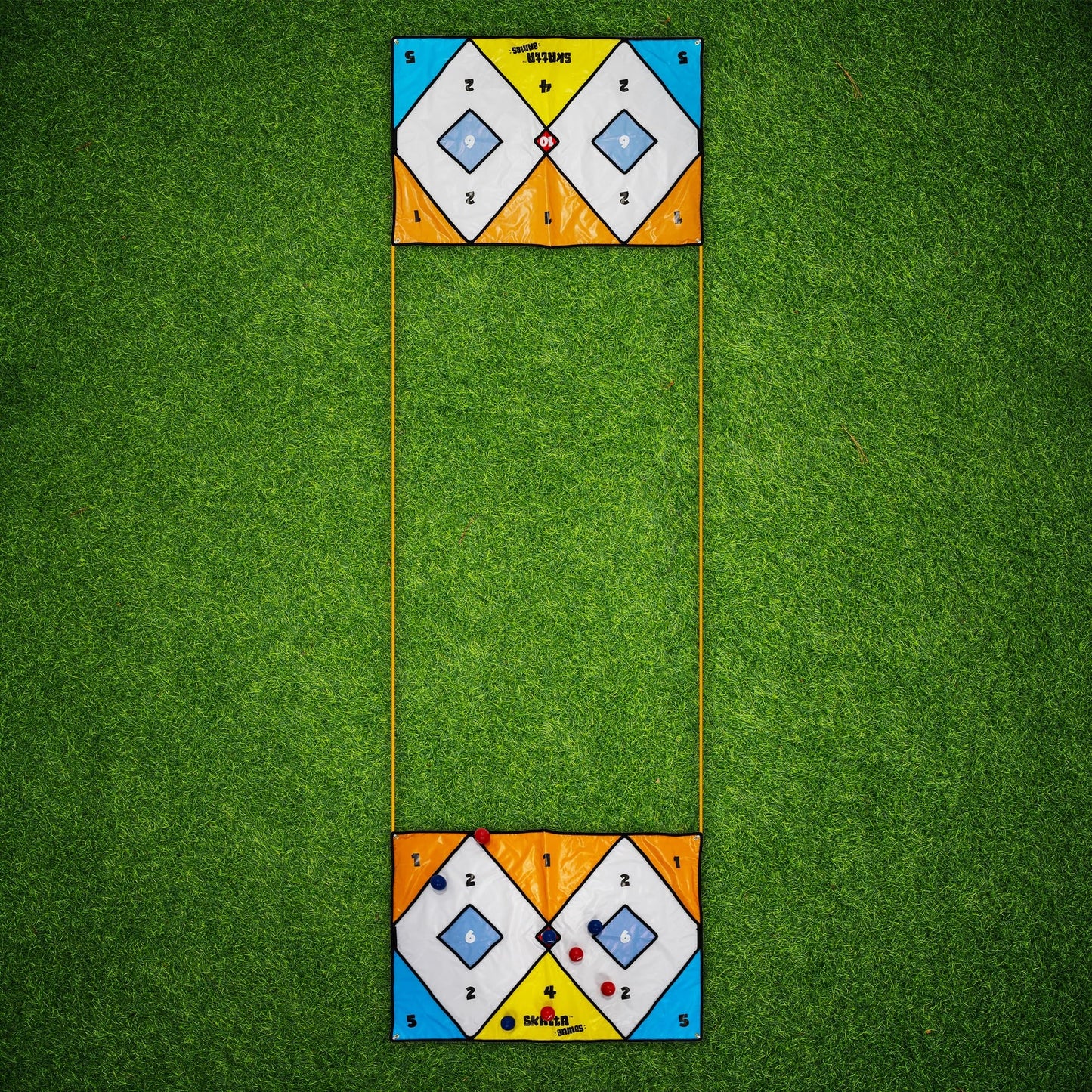 Skatta Games Skatta Ball Premium Yard Game Set - Outdoor Bocce and Shuffleboard Hybrid Lawn Play for Adults & Family - Weatherproof Backyard Beach Activity Kit with 2 Target Boards, 8 Rolling Balls