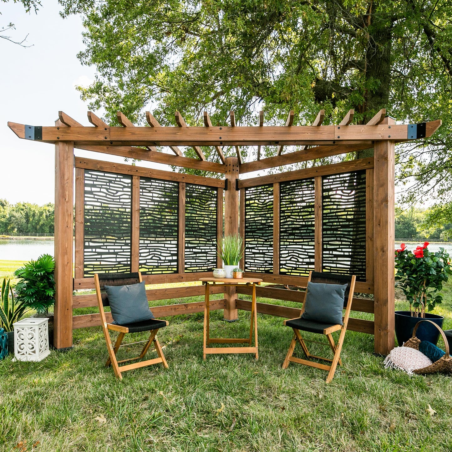 Backyard Discovery Verona 12' x 8' Cedar Wood Cabana Corner Pergola with Bamboo Privacy Panels for Outdoor Patio, Deck, Garden, Poolside, Entertaining