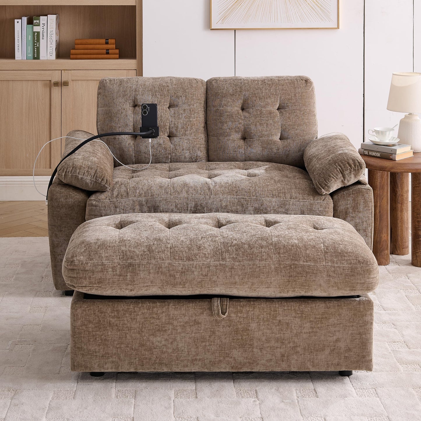 KEIKI 56" Oversized Chaise Lounge Chair Indoor with Storage Ottoman, USB Port &Phone Stand, Cloud Upholstered Chaise Lounge Recliner, Deep Seat Reading Couch Sofa Bed for Living Room Bedroom,Brown