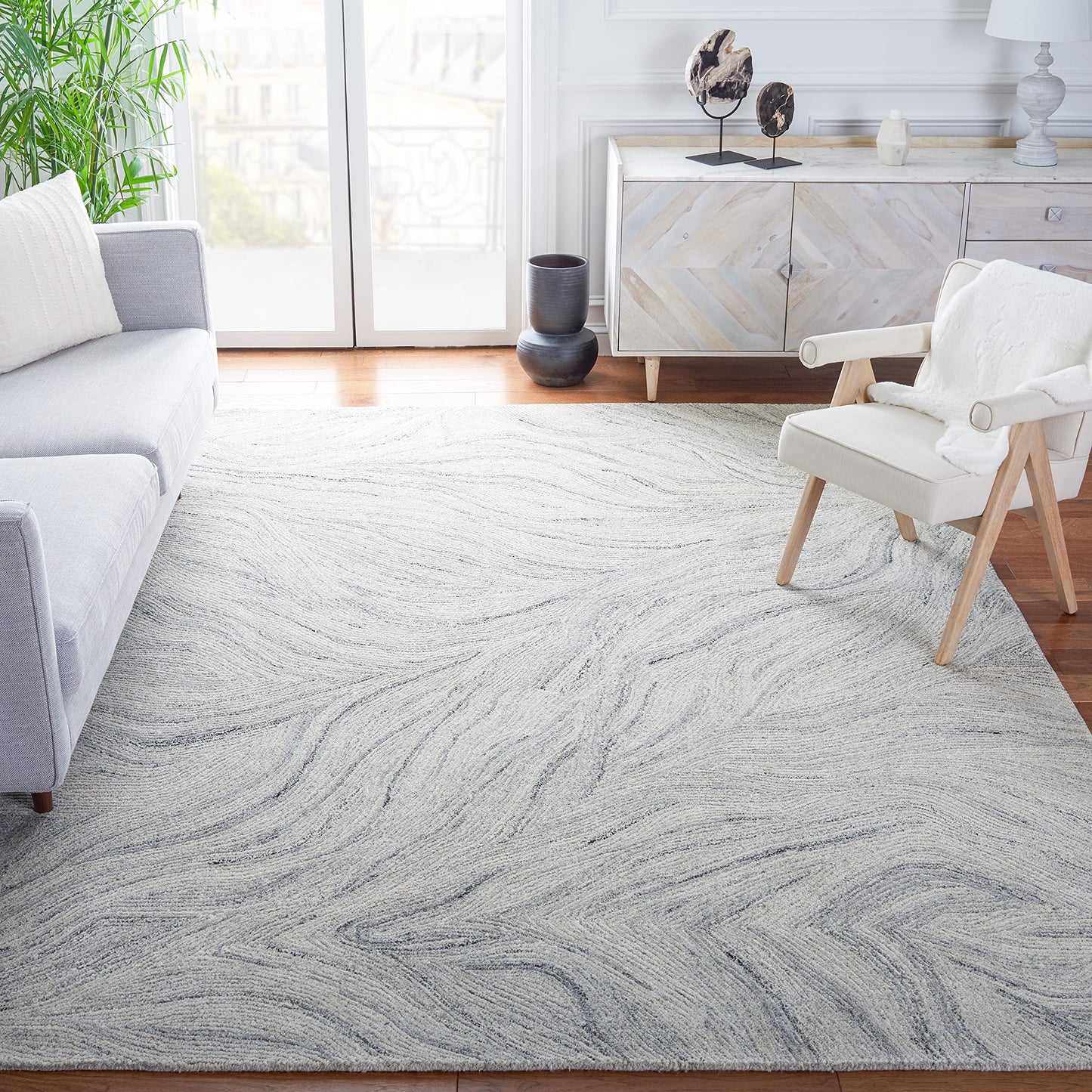 SAFAVIEH Metro Collection Area Rug - 10' x 14', Ivory & Silver, Handmade Modern Abstract Wool, Ideal for High Traffic Areas in Living Room, Bedroom (MET505G)