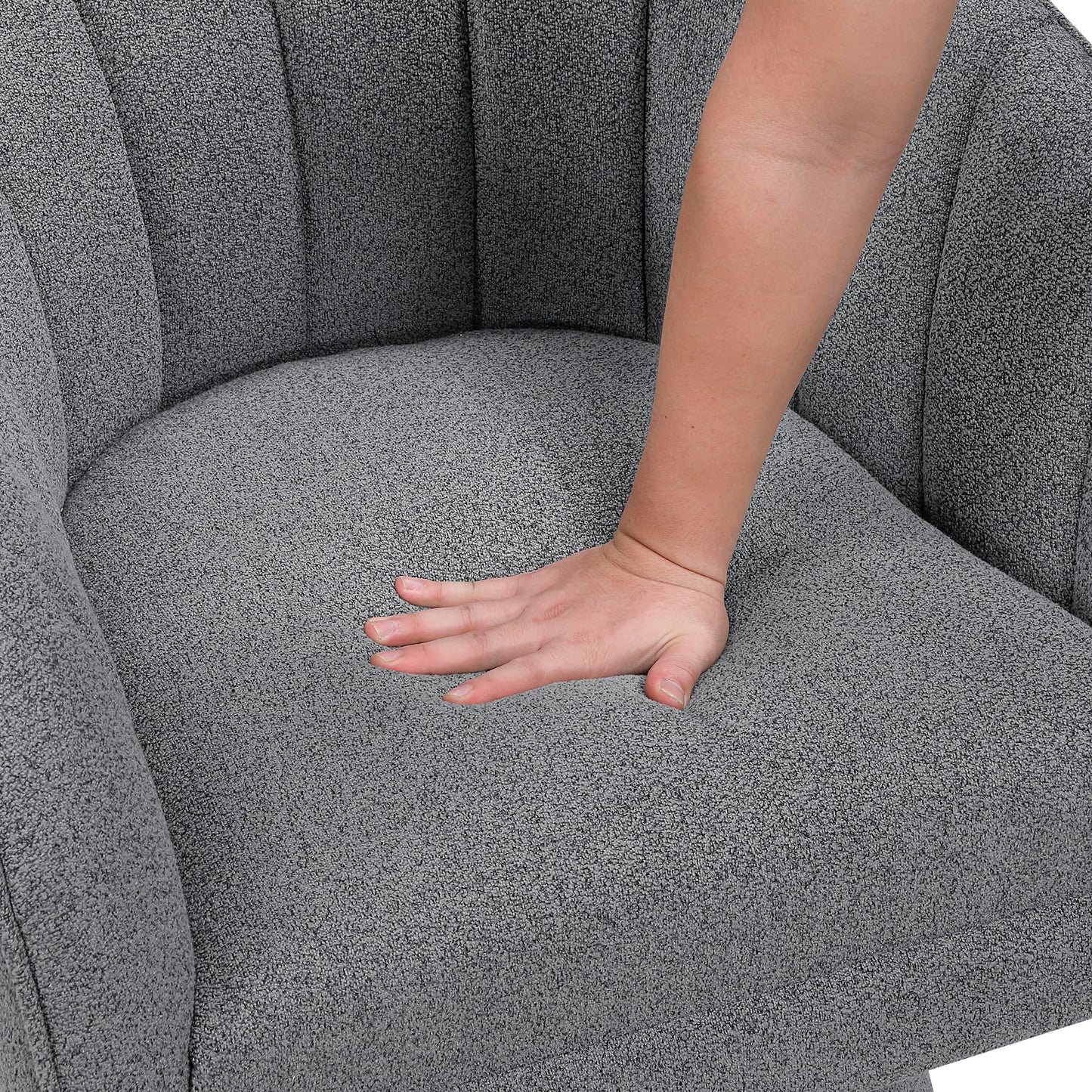 Lexicon Swivel Accent Chair, Boucle Fabric Upholstered Barrel Chair, Channel Stitched Details, Hidden Metal Swivel Seating for Living Room/Office/Apartment, Dark Gray