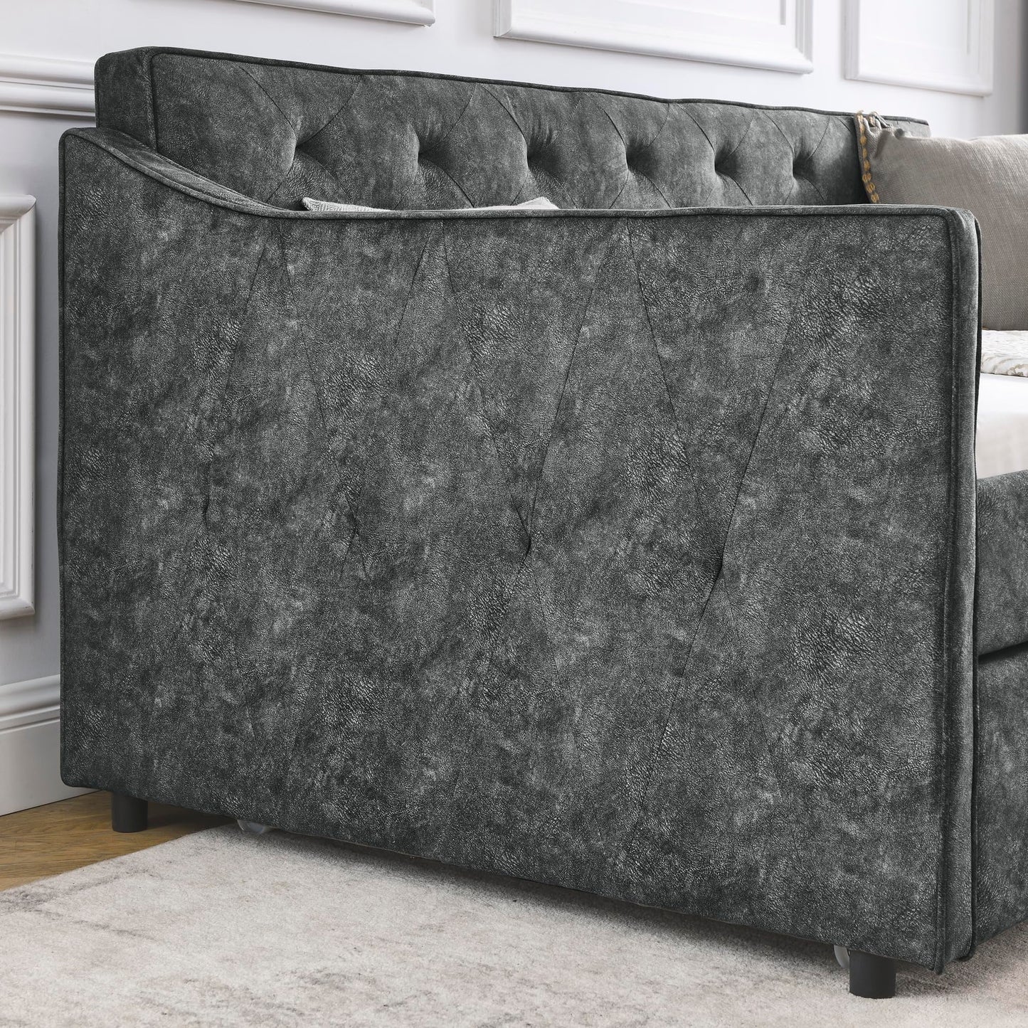 KEIKI Twin Size Upholstery Daybed with Twin Size Trundle and Headboard, Mid-Century Style Tufted Sofa Bed with Waved Arms, Easy Assembly, No Box Spring Required, for Living Room, Grey