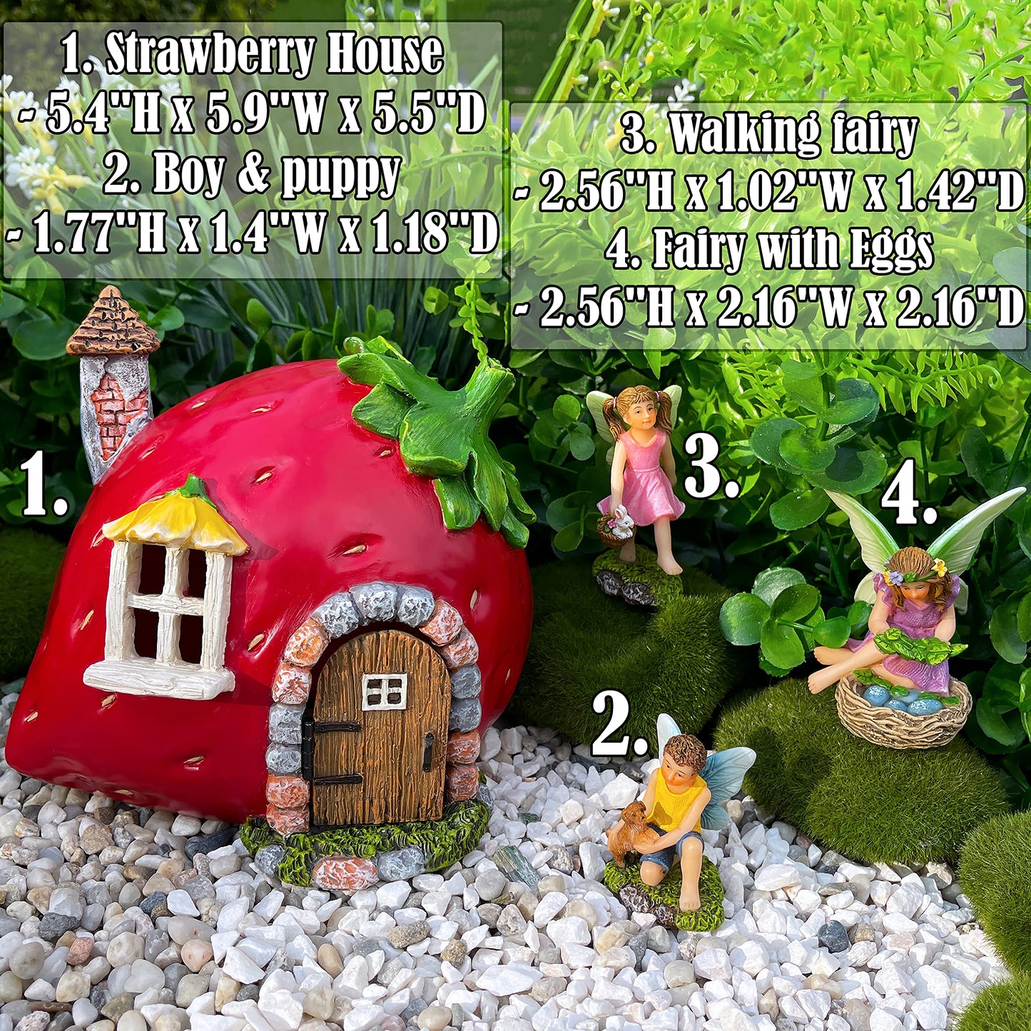 Mood Lab Fairy Garden Figurines - Strawberry House Set (4 pcs) - Miniature Decorative Statues & Accessories - Outdoor & Indoor Garden Decor