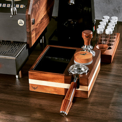 KNODOS Single Dose Coffee Bean Storage Tubes Coffee Bean Cellar 10 Pcs Dosing Glass Vials With Lids (2 Oz) Wooden Display Stand And Funnel