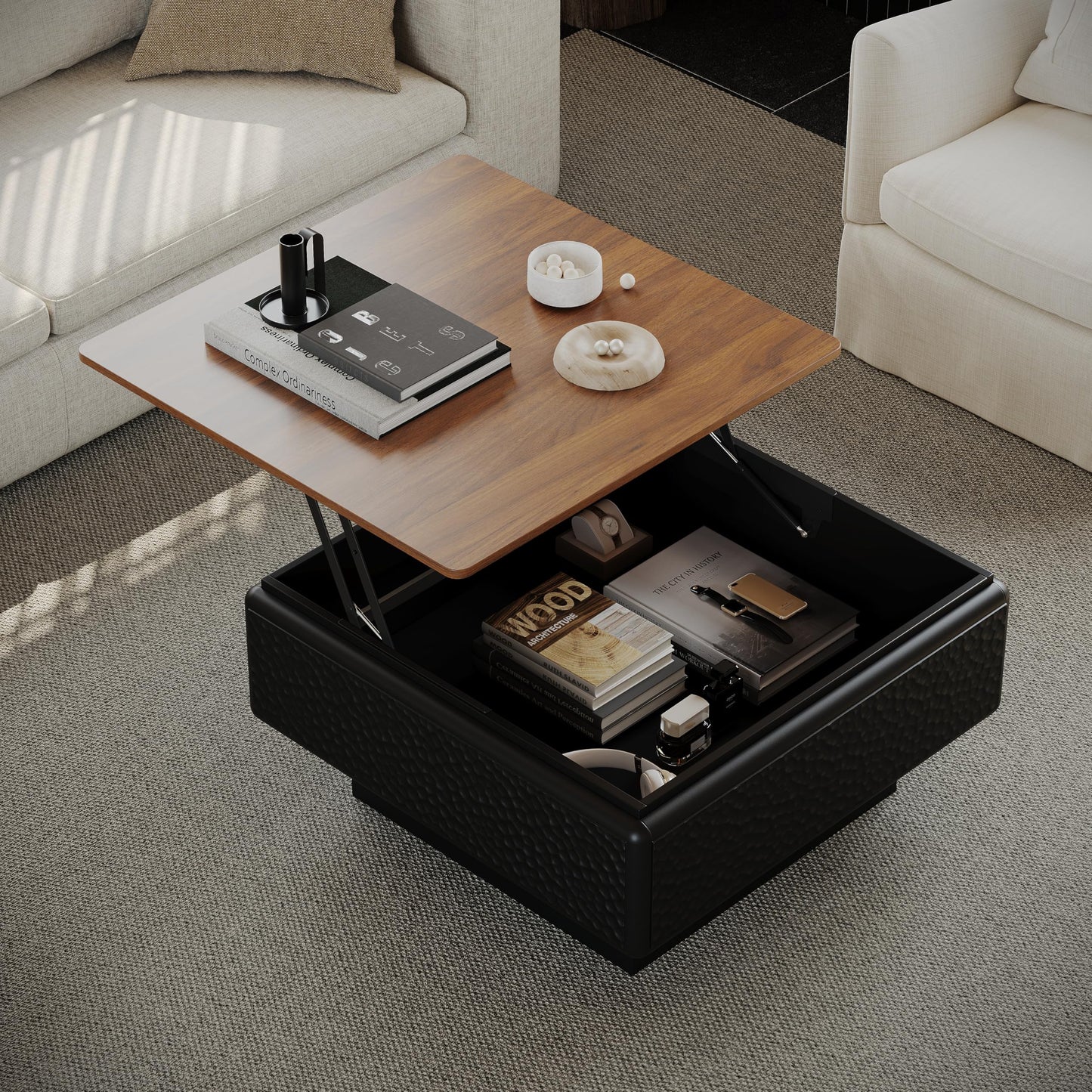 GDFStudio 31" Square Coffee Table with Lift Top Storage, Mid Century Modern Hammered Texture Center Table, Wooden Curved Tea Side Table with Hidden Compartment for Living Room Small Space, Black+Brown