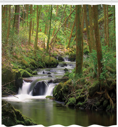 Ambesonne Nature Shower Curtain, Stream Flowing in Forest with Mossy Rocks, 69" W x 75" L, Green Brown