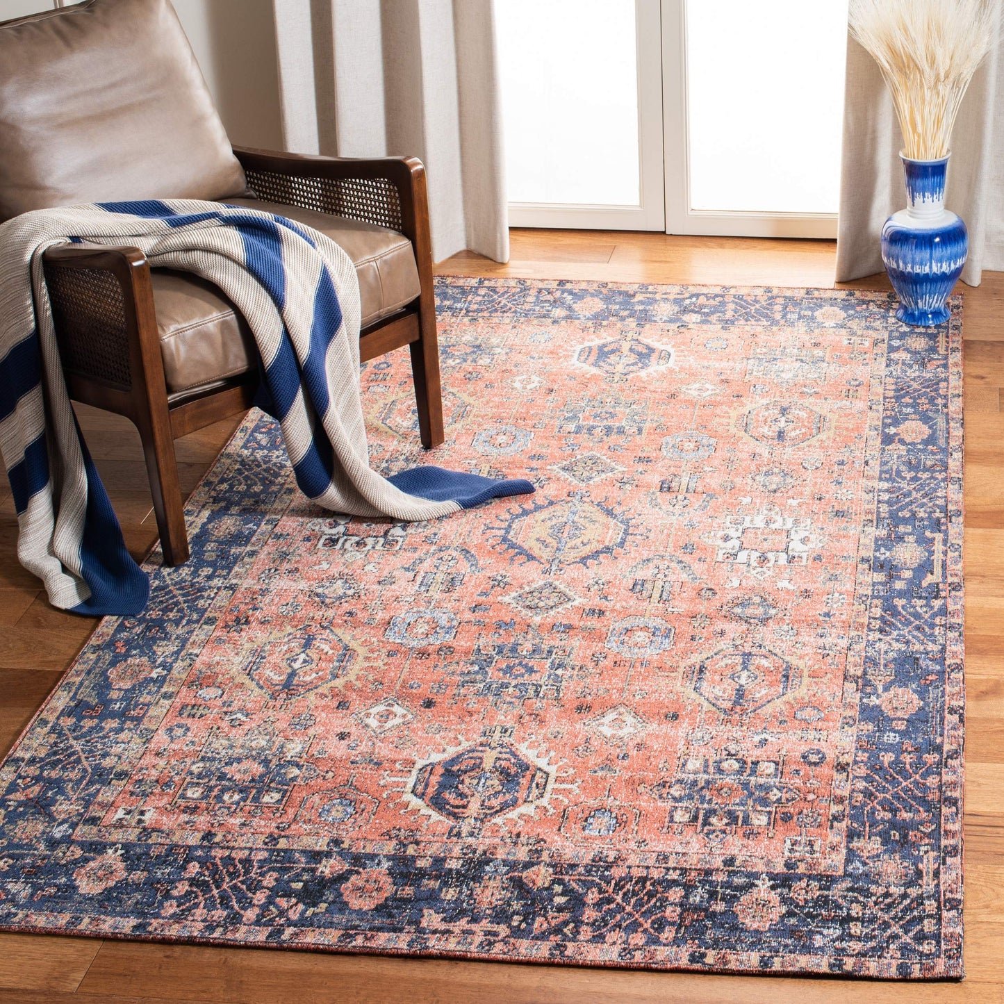 SAFAVIEH Area Rug 8x10 - Classic Vintage Collection - Large - Rust & Navy, Cotton, Oriental Distressed Design, Easy Cleaning, Ideal for Living Room, Bedroom, Office, Dining Space (CLV305P)