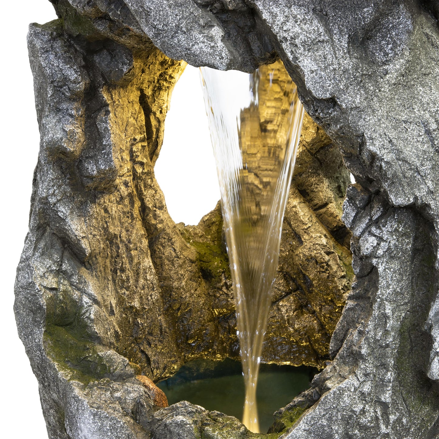 Alpine Corporation 41" Tall Outdoor Cascading Rainforest Rock Waterfall Floor Fountain with LED for Gardens, Patios, and Yards, Brown