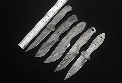 5 pieces set of 8 to 9.5 inches long hand forged twist pattern Damascus steel blank blade skinning knife set, Over all 44 inches long blades compact pocket knife blanks, knife making supplies