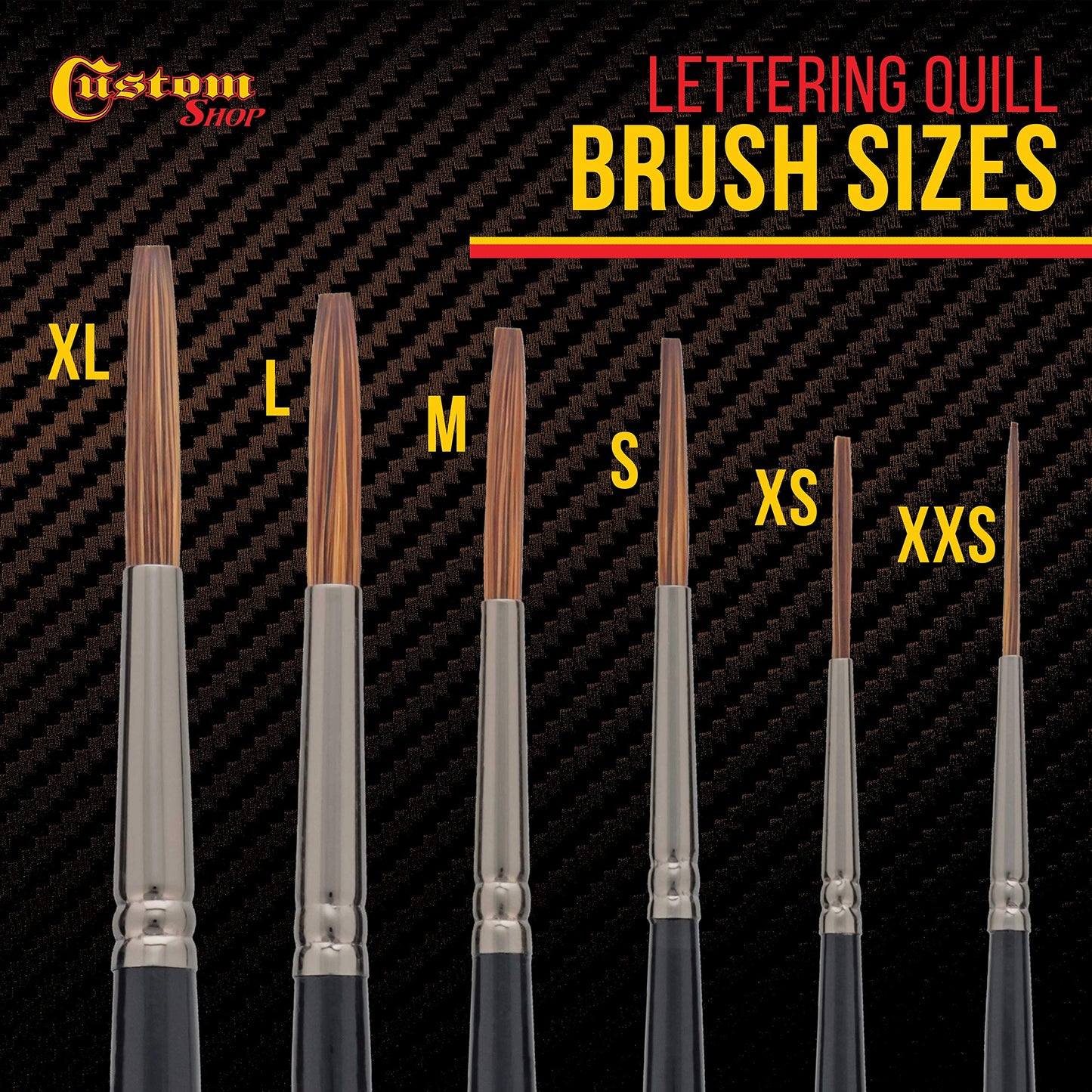 Custom Shop Set of 6 Lettering Quill Brushes for Sign Painting, Sizes XL, LG, MED, SM, XSM, XXSM - Brush Bristle Blend of Squirrel Taklon Hair, Professional Paint Pinstriping Striping Letter Lines Art