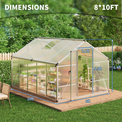 IDEALHOUSE 8×10 FT Greenhouse, Large Walk in Greenhouses for Outdoors and Garden Planting, Polycarbonate Greenhouse with Enhanced Aluminum Frame, Green Houses with Quick Setup Structure and Roof Vent