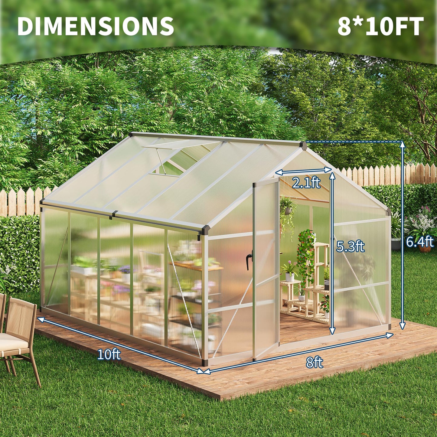 Garvee 8 x 10 FT Greenhouse, Greenhouses for Outside, Polycarbonate Greenhouse with Aluminum Frame, Lockable Door and Ajustable Roof Vent for Backyard, Green Houses for Outside Garden Backyard, Patio