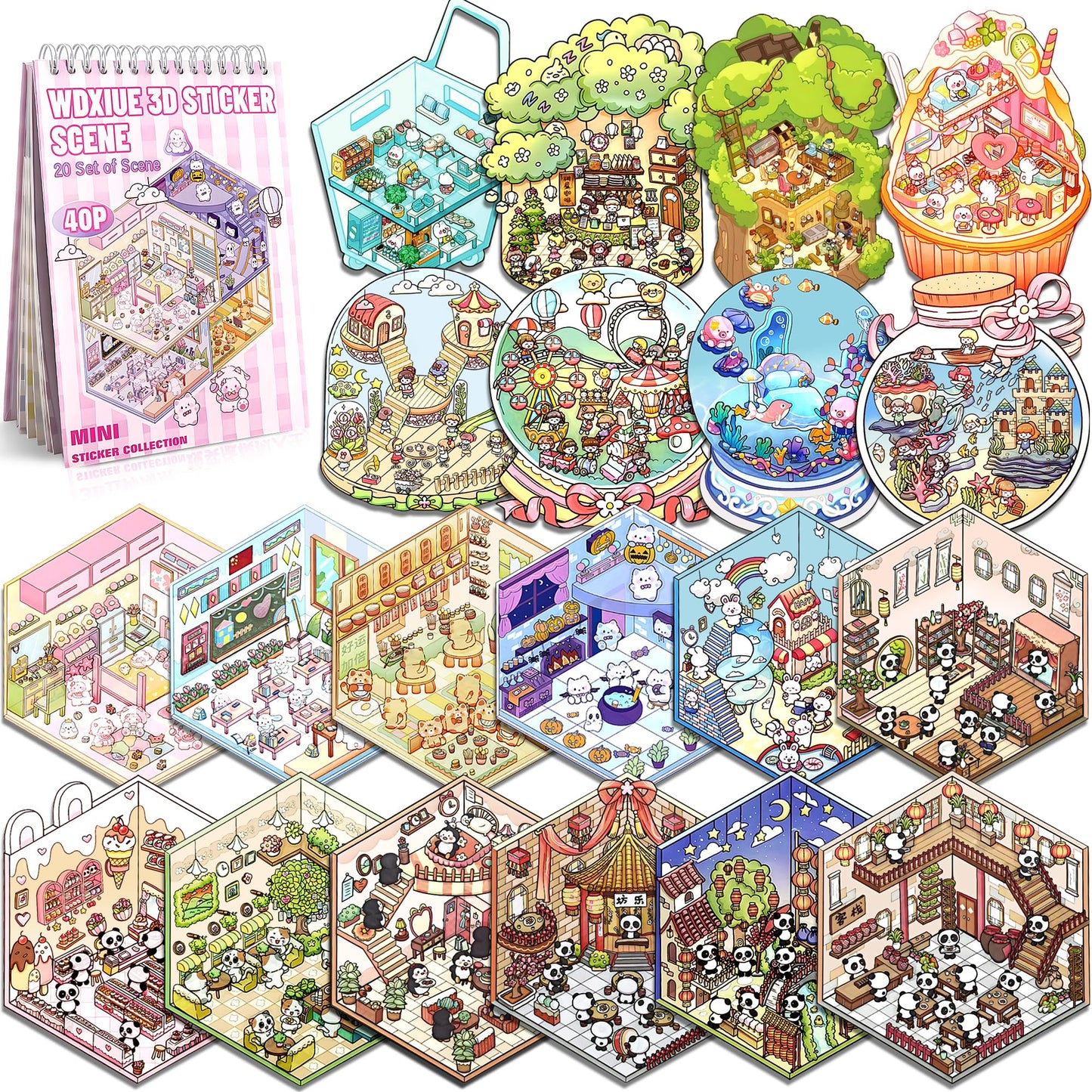 WDXIUE Scene Sticker – 20 Sets DIY 3D Sticker Scene Book Cute Cartoon Stickers Kit – Fun Sticker Therapy Activity for Stress Relief, Crafts & Gifts