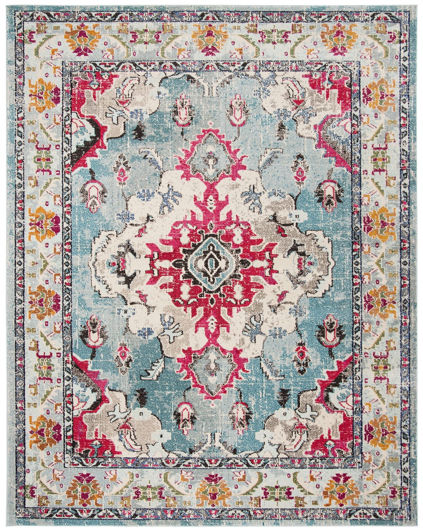 SAFAVIEH Monaco Collection Area Rug - 9' x 12', Light Blue & Fuchsia, Non-Shedding & Easy to Clean, Distressed Medallion Design, Ideal for Living Room, Bedroom, Dining Space (MNC243J)