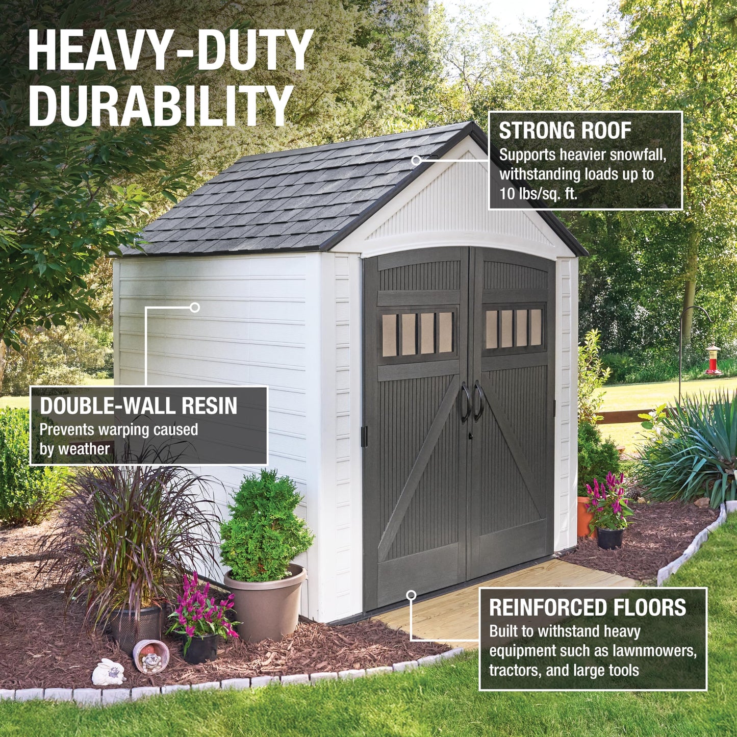 Rubbermaid Resin Outdoor Storage Shed With Floor (7 x 7 Ft) Weather Resistant, White, Organization for Home/Backyard/Garden Tools/Lawn Mower/Bike Storage/Pool Supplies