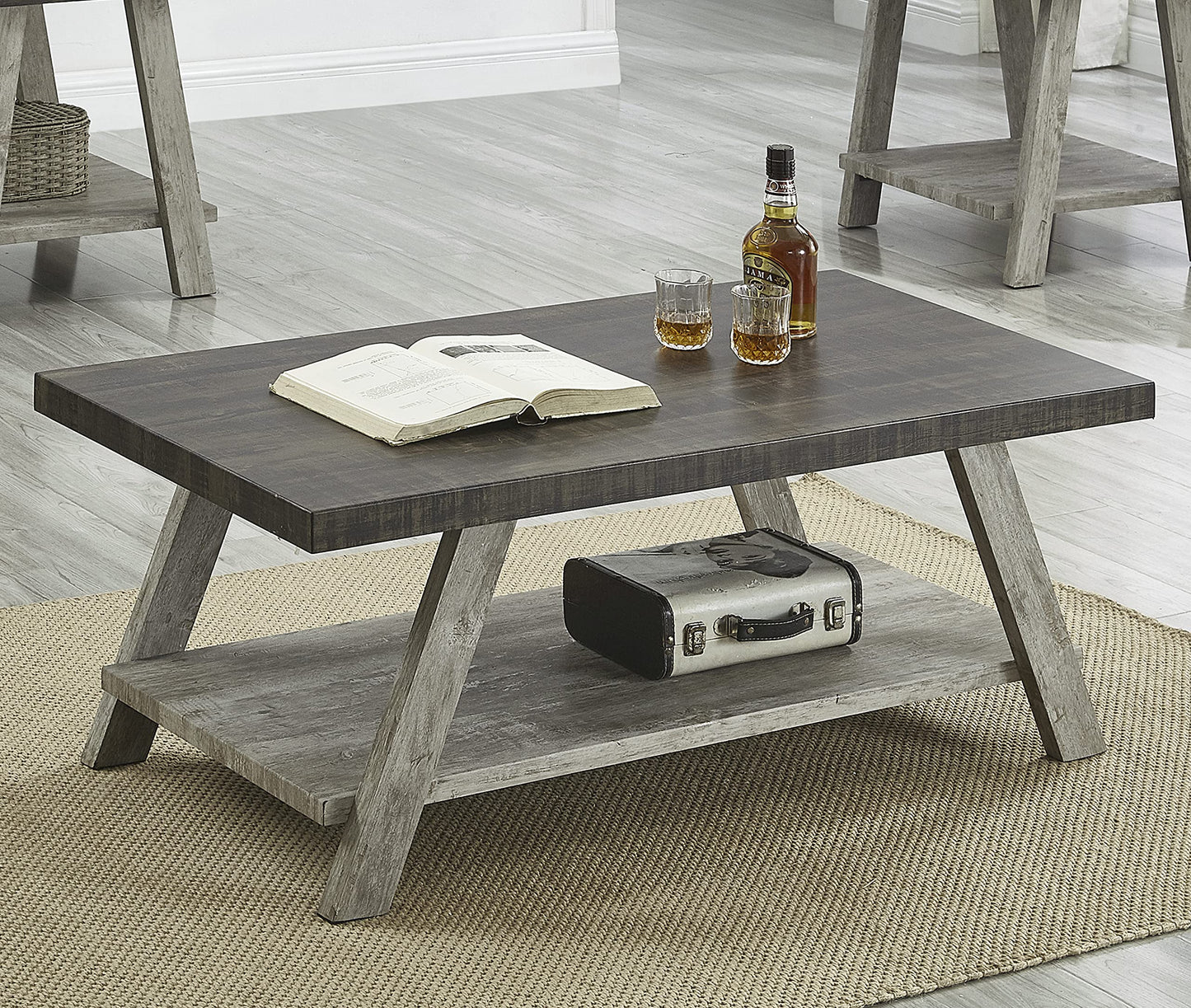 Roundhill Furniture Athens Contemporary 3-Piece Wood Shelf Coffee Table Set, Weathered Walnut and Gray
