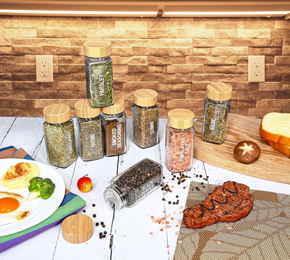 Glass Spice Jars with Label Set, Bamboo Lids & Funnel - Kitchen Airtight Storage Jars with Lids - Spices and Seasonings Sets Organizer, Spice Glass Jar with Lid Food Canister Bottle Sugar Shaker