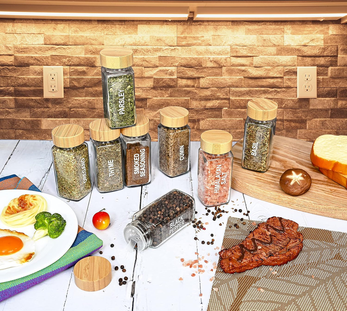 24-Piece Set Spice Jars by Le'raze: Glass Jars with Bamboo Lids, Labels & Funnel, Airtight Kitchen Storage