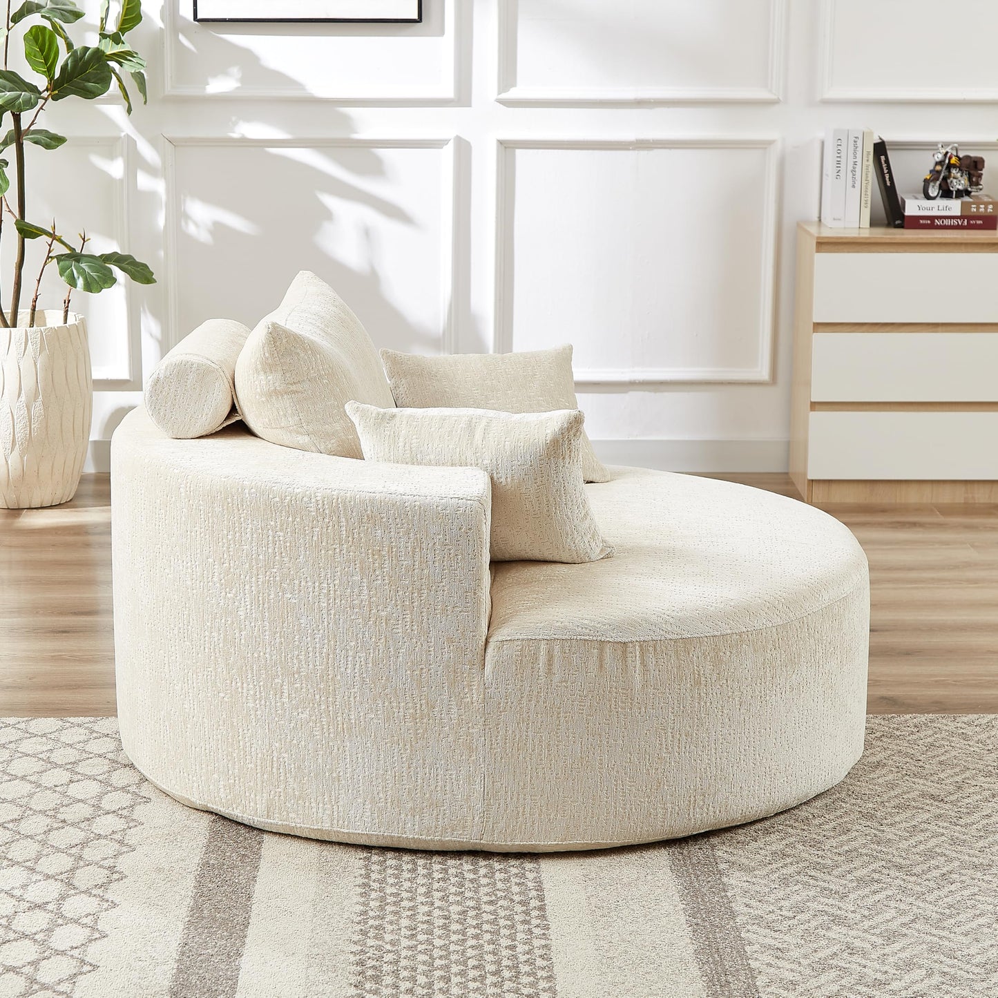 KEIKI 55" Chenille Accent Chair, Sponge Barrel Chairs Upholstered Round Sofa, Single Couch Armchair for Living Room, Beige