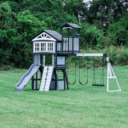Backyard Discovery Whispering Point Light Gray Cedar Wood Swing Set with Wave Slide, Clubhouse, Crows Nest, Play Kitchen, Belt Swings, Web Swing, Rock Wall, Playhouse, Ladder, Windows, Outdoor Playset