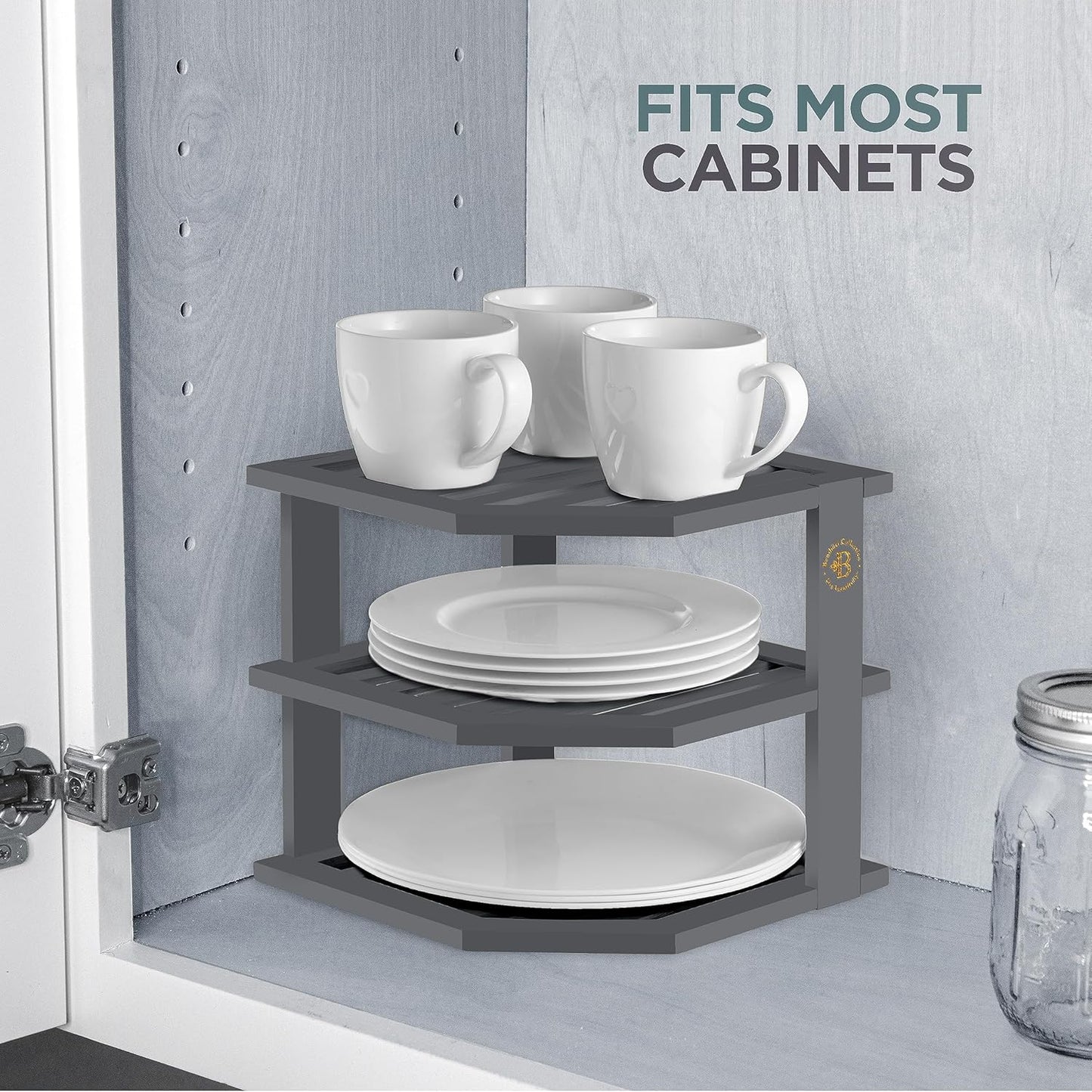 Bambuesi Plate Organizer for Cabinet, Bamboo Kitchen and Bathroom Organization for Space Saving