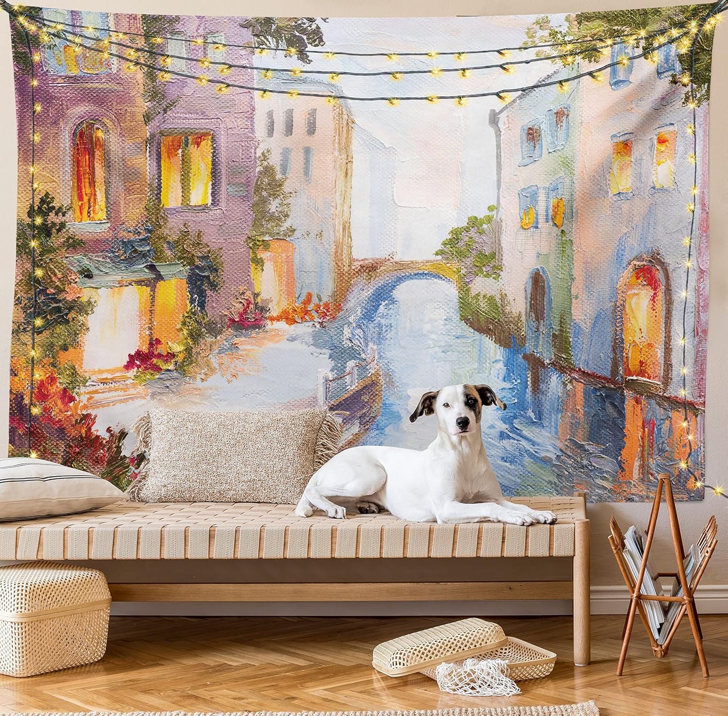 Ambesonne Venice Tapestry - Historical City Vintage Houses Water Canal Venice Italy Oil Painting, 40" X 60", Orange