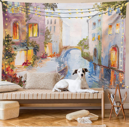 Ambesonne Venice Tapestry - Historical City Vintage Houses Water Canal Venice Italy Oil Painting, 40" X 60", Orange