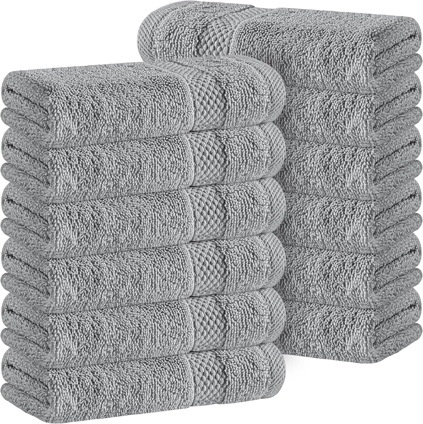 12 Set 13x13 Inches 12 Pack White Classic Light Grey Luxury Cotton Washcloths Pc - Large Hotel Style Face Towel, High