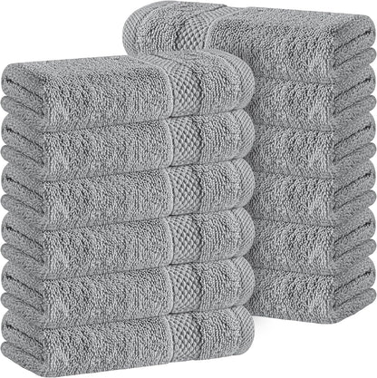 12 Set 13x13 Inches 12 Pack White Classic Light Grey Luxury Cotton Washcloths Pc - Large Hotel Style Face Towel, High