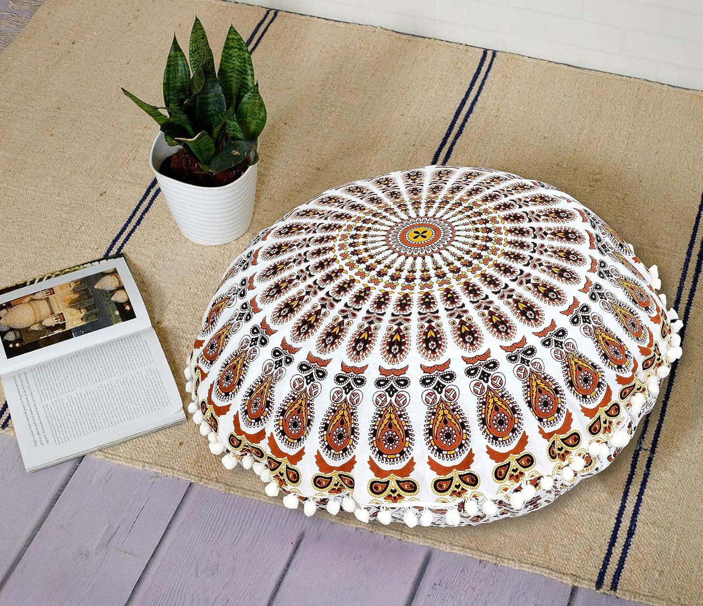 22" Indian Consigners Floor Cushion Covers Round Mandala Ombre Zipped Ottoman Cover